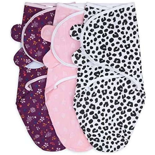 The Peanutshell Swaddle Blankets for Baby Girls, Cheetah & Ditsy Floral, 3 Pack Wrap Set, 2 Sizes (Small/Medium)