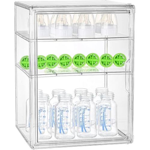Baby Bottle Organizer Compatible with DR Brown Bottles, 3 Tiers Adjustable Clear Acrylic Bottles Storage Station Case for Dr. Brown's Natural Flow Anti-Colic Glass Baby Bottles 4oz