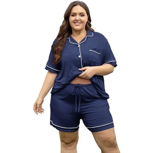Vozanet Women's Plus Size Button Down Pajamas Soft Lounge Sets Shorts with Pockets Bride Nighty Solid Soft Pjs 1x to 5x
