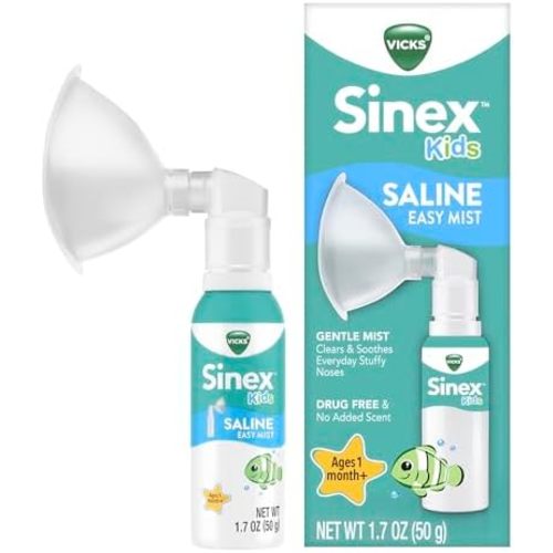 Vicks Sinex Kids Saline Easy Mist, Drug Free Saline, Ages 1 Month+, Gently Clears and Soothes Everyday Stuffy Noses, Safe for Daily Use, 1.7 OZ