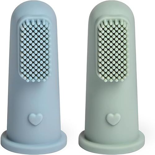 Baby Bliss Lot de 2 brosses à dents pour bébé First Stage, 100 % silicone de qualité alimentaire pour bébé nouveau-né, brosse à dents extra douce pour bébé, 0 mois et plus (sarcelle poussiéreux et