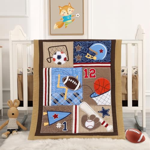 Sports Mini Crib Bedding Set Boys Brown 3PCs Mini Crib Comforter Set Basketball Baseball Rugby Nursery Bedding Sets for Boys with Soft Comforter, Crib Skirt and 38x24 Sheet, Brown