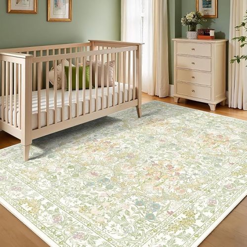 Farmhouse Sage Green Washable Nursery Rug 5x7, Floral Area Rug for Living Room, Bedroom, Dining Room Under Table, Home Office, Low Pile Non Slip Boho Carpet, Soft Cottagecore Botanical Accent Mat