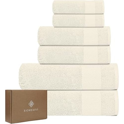 BIOWEAVES 100% Organic Cotton 700 GSM Plush 6-Piece Towel Set GOTS Certified, 2 Bath Towels, 2 Hand Towels & 2 Washcloths - Ivory