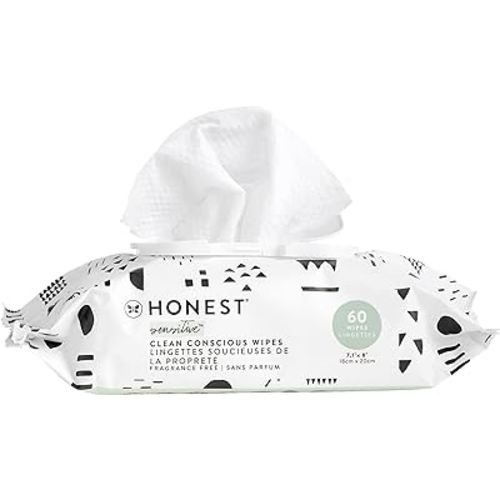 The Honest Company Clean Conscious Unscented Wipes | Over 99% Water, Compostable, Plant-Based, Baby Wipes | Hypoallergenic for Sensitive Skin, EWG Verified | Pattern Play, 60 Count