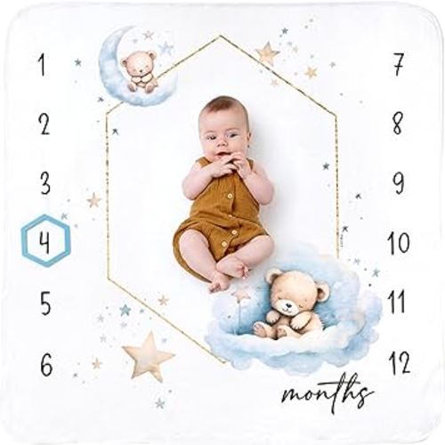 Baby Monthly Milestone Blanket for Boys- Soft Thick Fleece 46"x46" - Perfect Photo Growth Chart for First 12 Months - Extra Cozy for Pictures, Creating Monthly Memories - Sleepy Bear Design