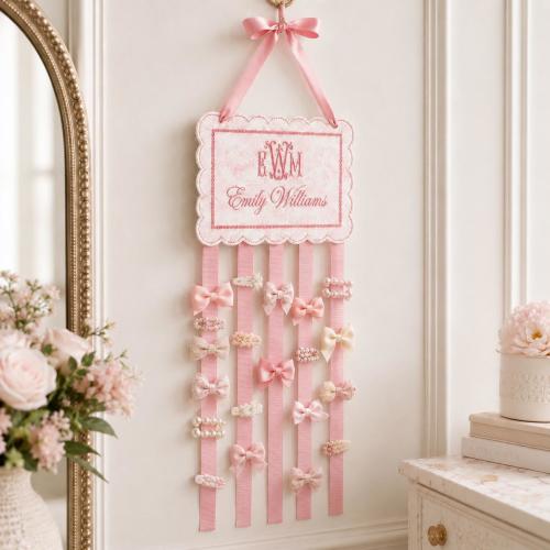Personalized Baby Girl Bow Holder, Embroidered Monogram Hair Bow Organizer, Custom Name Hair Clip, Nursery Wall Decor, Toddler Room Decor
