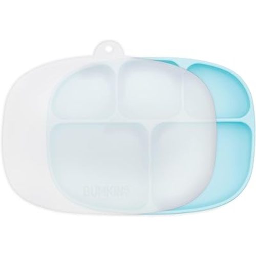 Bumkins Toddler and Baby Suction Plate, Silicone Divided Grip Dish and Lid, Large 5-Section Tray for Kids, Essentials in Children Feeding Supplies, Non Skid Stick Bottom, for Ages 6 Months Up, Blue