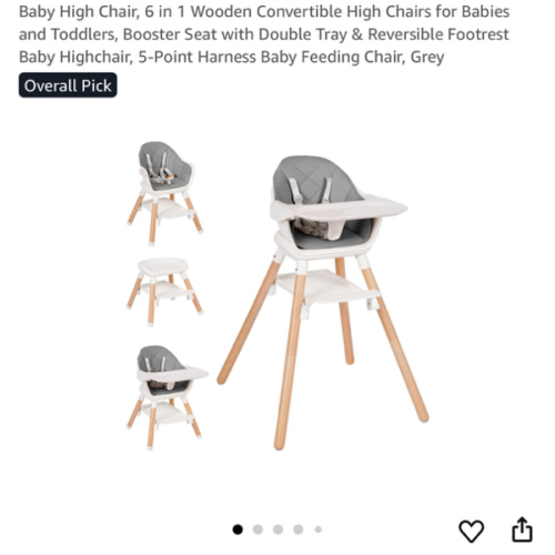 Baby High Chair, 6 in 1 Wooden Convertible High Chairs for Babies and Toddlers, Booster Seat with Double Tray & Reversible Footrest Baby Highchair, 5-Point Harness Baby Feeding Chair, Grey