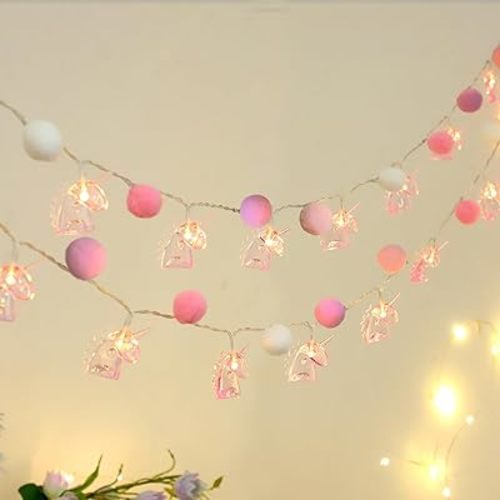9.85FT Room Decor String Lights with 20 Cute PomPoms 20 Pink Unicorn LED Lights Battery Operated with Timer for Girls Bedroom Birthday Party Kids Playhouse Wedding Valentine's Day Christmas Decoration