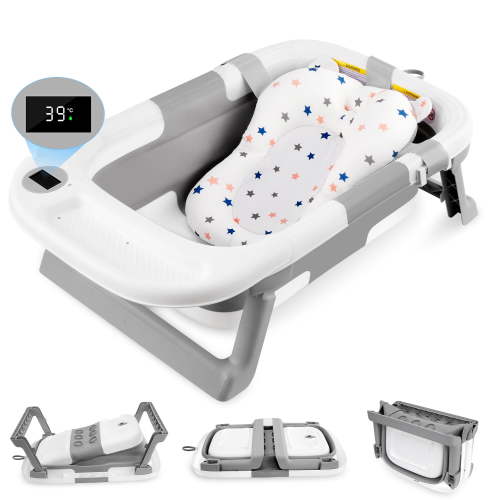 Foldable Baby Bath Tub with Soft Support Cushion & Temperature Sensor, Anti-Slip Portable Travel Bathtub Shower Basin (59x40x20cm,Grey) - Walmart.ca