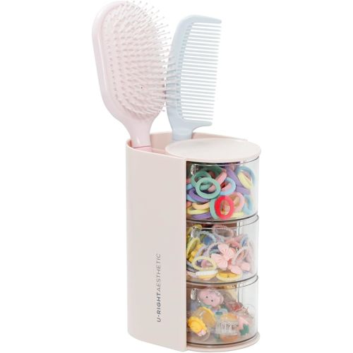 3-Layer Hair Accessories Organizer with Brushes Holder, Rotating Small Jewelry Box for Hair Ties Clip Earring Necklaces, Bathroom Vanity Desktop Organizer Case for Cotton Swab(Pink)