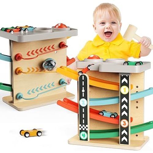 2-in-1 Pound Ball Toddler Toy Wooden Car Ramp Race Track Ball Drop Baby Toy Set Gift for 1 2 3 Year Old Boys Girls Montessori Developmental Learning Activity Interactive Cause Effect Birthday Present