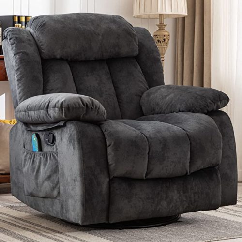 Massage Swivel Rocker Recliner Chair with Heat and Vibration,360 Degree Manual Swivel Rocking Recliners with Side Pocket, Comfy Fabric Single Sofa Reclining Chair for Living Room, Grey