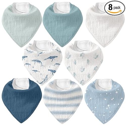 Muslin Baby Bibs 8 Pack, Baby Bandana Drool Bib for Drooling and Teething, Cotton Soft Absorbent for Girls Boys (Blue Ocean Whale)