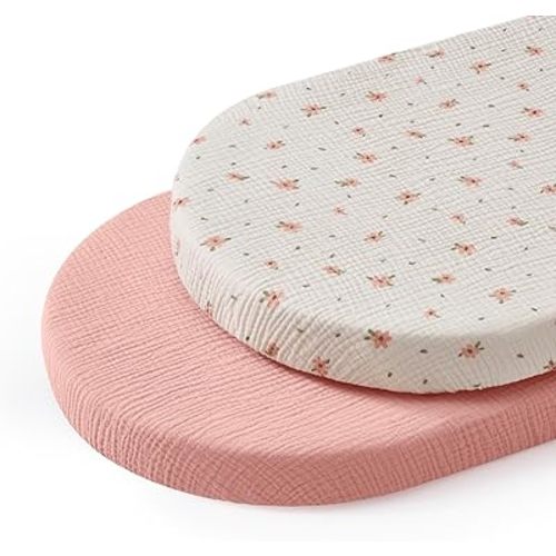 Blissful Diary Muslin Bassinet Sheets for Baby Girls Boys, Boho Soft Cotton Fitted for Oval Hourglass Rectangle Mattress, 2 Pack(Pink Floral&Light Pink)