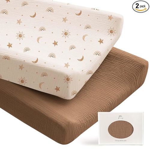 Konssy 2 Pack Muslin Changing Pad Covers for Boys, Ultra Soft & Breathable Cotton Baby Diaper Changing Table Covers, Neutral Nursery Diaper Changing Pad Sheets (Sunbeam Yellow,Coffice)