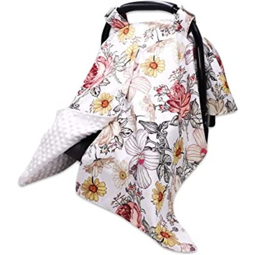 Floral Baby Car Seat Canopy Soft Minky Plush Dotted Backing Baby Car Seat Cover Girls, Infant Carseat Canopy, Stretchy Multi- use Nursing Cover for Stroller/High Chair/Shopping Cart/Car Seat Canopies