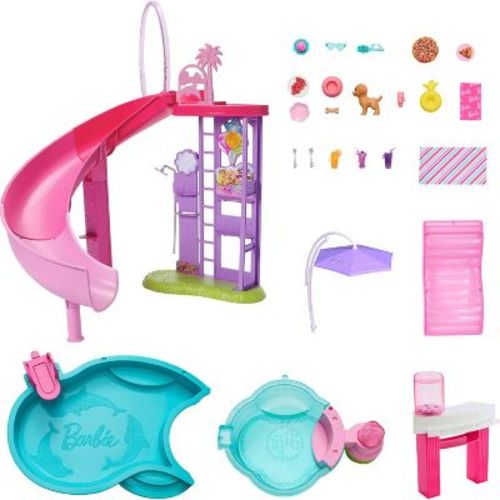 Barbie Dream Pool Playset with Slide & Bubbling Hot Tub with 20+ Accessories