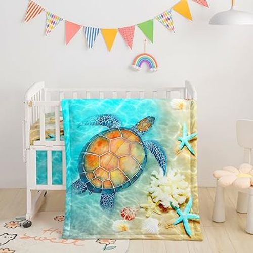 Crib Bedding Set,3pcs Nursery Crib Bedding with Comforter Crib Sheet & Crib Skirt,Sea Turtle Beach Printed Nursery Bedding for Baby Boys and Girls(Turtle)
