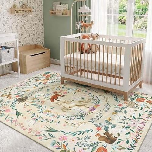 jinchan 6x9 Playroom Rug for Girls Room Washable Unicorn Nursery Rug, Cream