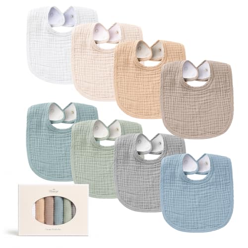 Konssy 8-Pack Muslin Baby Bibs, Adjustable Fit for Drooling and Teething | Soft Absorbent, Drool Bibs for Baby Boys Girls, Cotton Front with Fleece Backing, Newborn to Toddler 0-36M