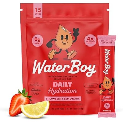 Waterboy Daily Hydration | 1,570mg Electrolyte Powder Packets | No Sugar, All Natural, Gluten Free, Zero Calories | 15 Drink Stick Mixes (Strawberry Lemonade)