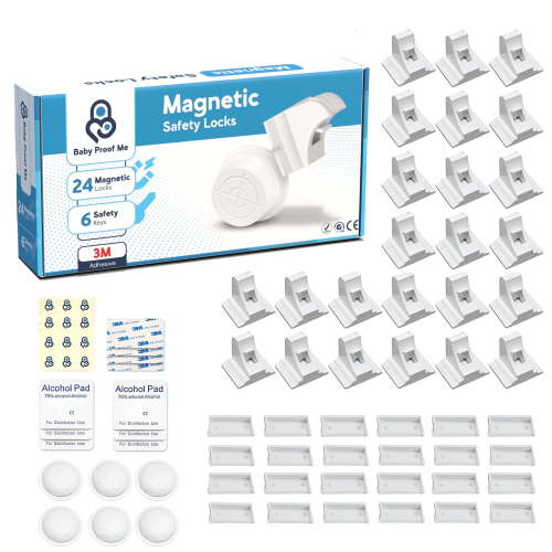 Baby Proof Me Magnetic Safety Lock Kit 24 Locks + 6 Keys, 3M Adhesive Easy Installation, Baby Proofing Magnetic Locks for Cabinets and Drawers