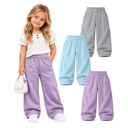 3 Pack Toddler Cotton Pants for Girls Boys | 18M-5T Baby Girls Wide Leg Sweatpants, Pull-on Baggy Joggers with Pockets, Elastic Waist, Fall Festival Outfits, Daily Wear