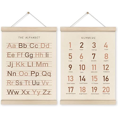 HRQKO Alphabet Numbers Poster Hanger Frame Set of 2, Girls Nursery Wall Decor, ABC Poster Wall Art with Wooden Frames, Burnt Orange Alphabet Banner Wall Hanging Decor for Toddler Playroom,12x16 Inch