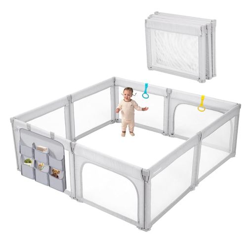 Foldable Baby Playpen, Shape & Size Adjustable Playpen for Toddler, 79x71 Large Play Pens Safety Mesh Foldable Playard for Babies, Portable Baby Fence Play Area Kids Play Pen, Grey