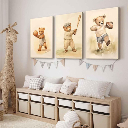 Ophelia & Co. 3Pcs Teddy Bear Sports Nursery Animal Canvas Wall Art Cute Woodland Baby Bear Rugby Wall Decor Pictures Football Basketball Baseball Kids Room Posters Prints For Living Children Bedroom Decoration | Wayfair