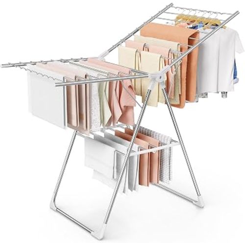 Sakugi Clothes Drying Rack with Height-Adjustable Wings, Metal Foldable Laundry Dryer Stand for Clothing & Bedding, Free-Standing Collapsible for Indoor & Outdoor Use, 55.5" L × 22.8" W, Silver White