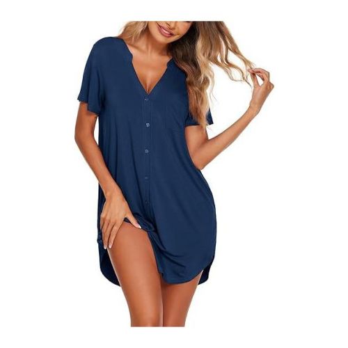 Ekouaer Women V Neck Button Down Nightgown Navy Blue M
