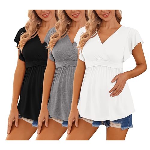 Ekouaer Maternity Shirts 3 Packs Flying Short Sleeve Nursing Tops Pregnancy Clothes