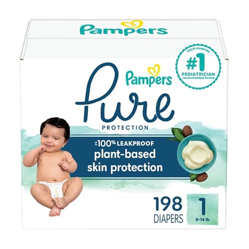 Pampers Baby Diapers - Pure Protection - Size 1, 198 Count, for up to 100% Leakproof, Premium Plant-based Skin Protection