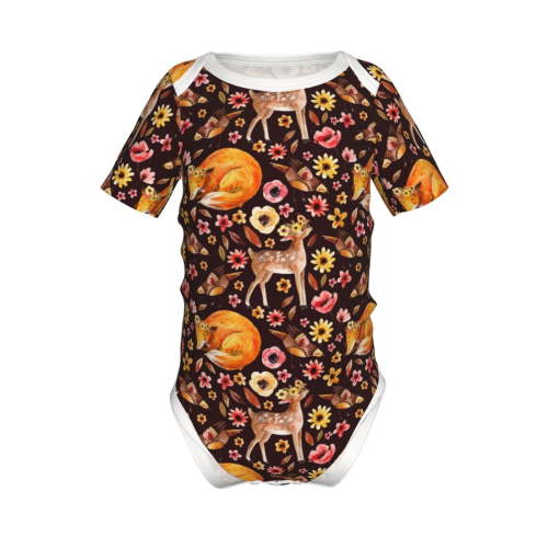 Junzan Woodland Creatures Floral Print Short-Sleeve Baby Climbing Clothes, Bodysuits for Infant One-Piece for Baby Boys & Girls Baby Clothes Baby Romper with Snap Closure-3 Months