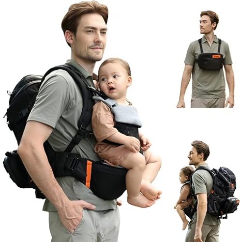 C1-All in 1 Modular Baby Backpack Carrier, Toddler Hiking Backpack with Convertible Baby Carrier & Hip Seat & Chest Bag, Easy to Wear & Switch, 500D Tactical Fabric Carrier for Hiking
