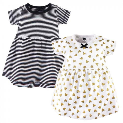 Hudson Baby Infant and Toddler Girl Cotton Short-Sleeve Dresses 2pk, Black Gold Heart, 3-6 Months