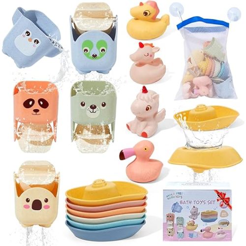 Bath Toys, 15 Pack | Mold-Free Bath Toys for Babies 6-12M & Toddlers 1-3 | Safe and Easy to Clean Floating Boats & Bath Cups | Sealed, Easy-Grip No Hole Bath Toy | Toddler Bathtub Pool Toy