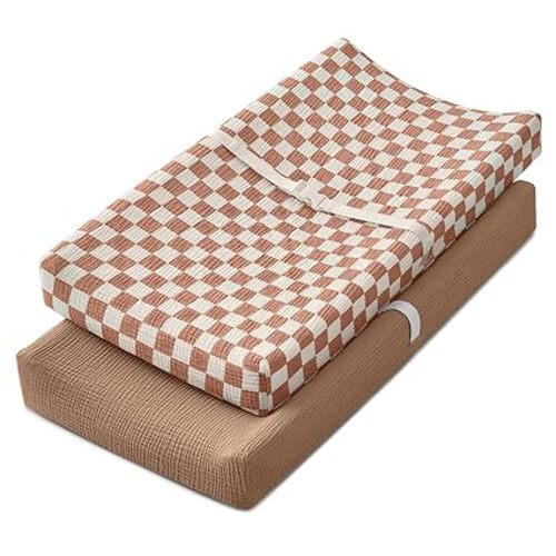 Blissful Diary Muslin Changing Pad Cover for Baby Girls Boys, Ultra Soft Breathable Cotton, Baby Diaper Change Table Pad Covers, 2Pack (Checkered Brown & Brown)