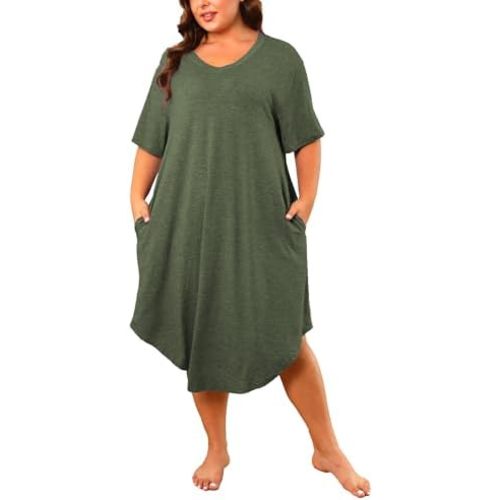 Womens Plus Size Nightgowns Sleepwear Short Sleeve Sleep Dress Knee Length Night Gowns Pockets