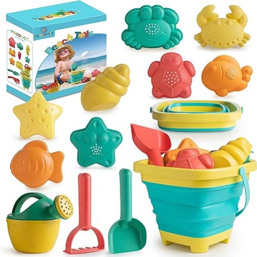 Beach Toys for Kids - Sand Toys Set Includes Collapsible Sand Bucket Shovel and Sand Rake Toy for Beach 12 PCS, Sandbox Toys Sandcastle Building Kit with Waterproof Net (A)