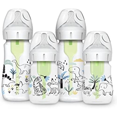 Dr. Brown’s Natural Flow® Anti-Colic Options+™ Wide-Neck Baby Bottle Designer Edition Bottles, Dinosaur and Jungle Design, 9 oz and 5oz, Level 1 Nipple, 4-Pack, 0m+