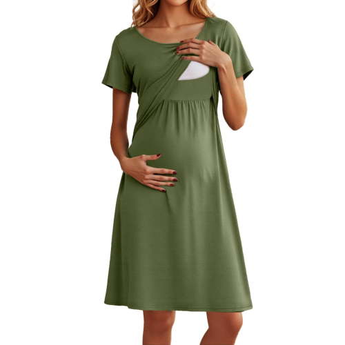 Gunia Women's Nursing Dress Nightgown Short Sleeve Patchwork Maternity Breastfeeding Knee Length Dresses,Maternity Summer Dress,L