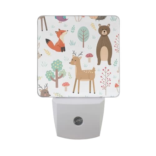 Plug-In Night Light Forest Cute Animals Printed LED Nightlight, Dusk-To-Dawn Sensor, Bedroom, Bathroom, Kitchen, Hallway, Stairs, Energy Efficient, 2-pack, 0.5W