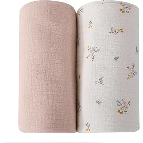 DaysU Muslin Swaddle Blankets, Receiving Blanket for Girls, Cotton Muslin Swaddling Baby Blankets for Newborns Nursery, 2 Pack, 47”x47”-Flower+Coral Pink