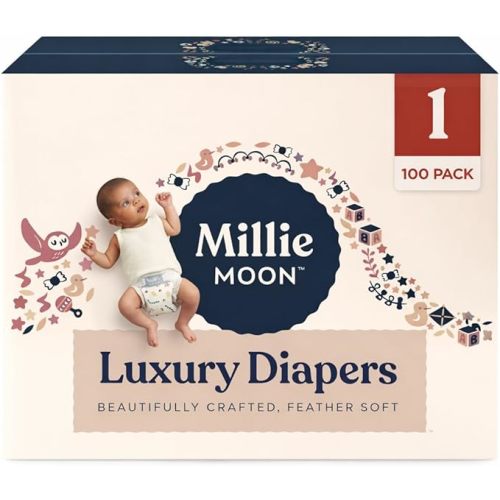 Millie Moon Luxury Disposable Baby Diapers Size 1 (100 Count), Ultra Soft Comfort, Absorbent Core for Day & Night Use, Wetness Indicator, Gentle Materials, Secure Fit