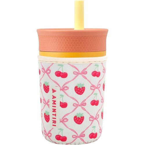 Cute Sleeve for Owala Kids 12oz and Zak Cup 15oz, Neoprene Cover Compatible with Owala Kids Tumbler, Zak Cup, Water Bottle Scratch Resistant Sleeve for Boys Girls to School (Cherry&Strawberry)