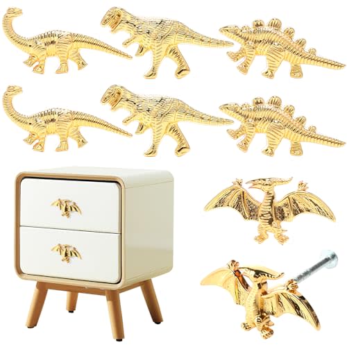 ArtisanWonders 8 Pack Metal Dinosaur Knobs for Kids Furniture - 5 Dino Mix Gold Finish Drawer Pulls & Cabinet Handles, Scratch-Resistant (Assorted Styles)